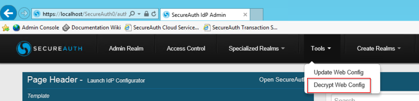 Admin Console Tools menu with Decrypt Web Config highlighted.