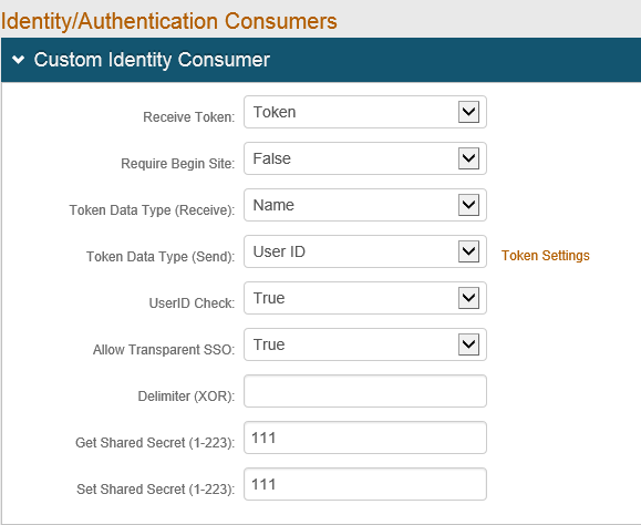 Custom Identity Consumer section of the Workflow tab, showing the Get Shared Secret and Set Shared Secret fields.