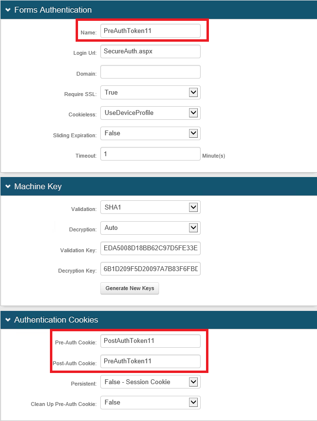 Forms Authentication and Authentication Cookies sections with the cookie names swapped, so Pre-Auth Cookie now holds the SecurePortal's original Post-Auth Cookie value.