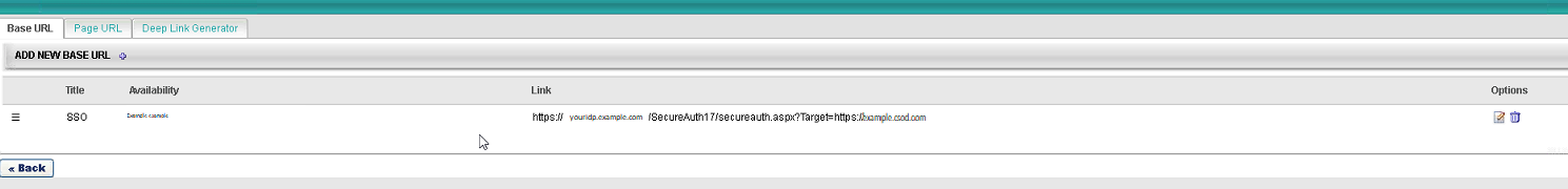 Cornerstone Deep Link Generator Base URL settings with the SSO link configured, pointing to the IdP realm with a Target parameter set to the Cornerstone site.