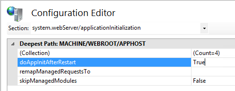 Configuration Editor showing the doAppInitAfterRestart setting under system.webServer/applicationInitialization set to True.