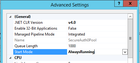 Advanced Settings dialog for an Application Pool with Start Mode set to AlwaysRunning.