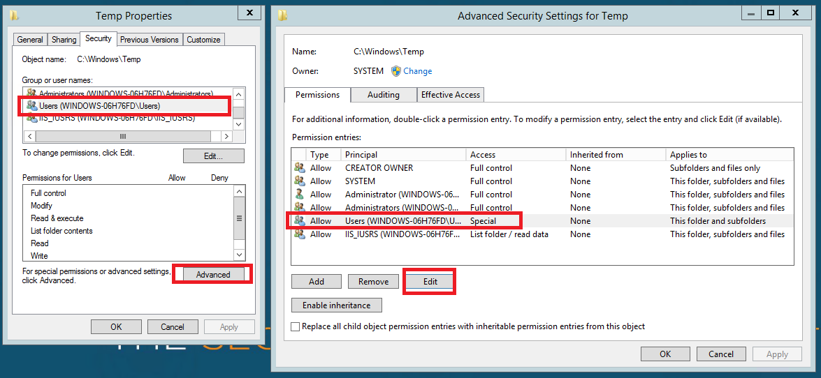 Permissions dialog for C:\Windows\Temp showing the required Users group permissions.