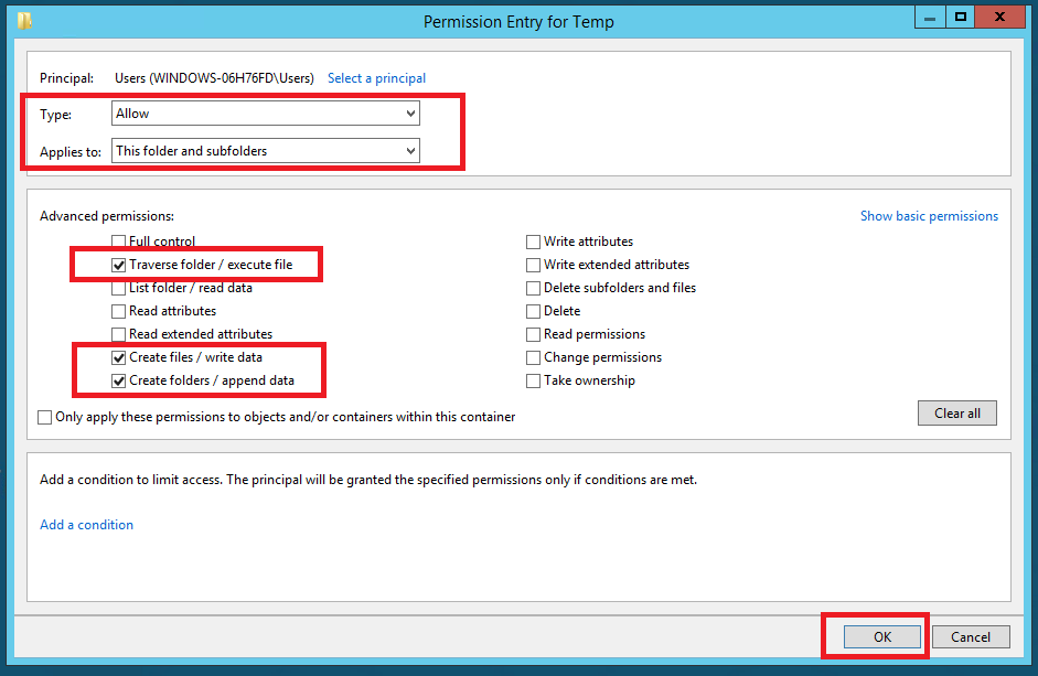 Additional permissions detail for the Users group on C:\Windows\Temp.