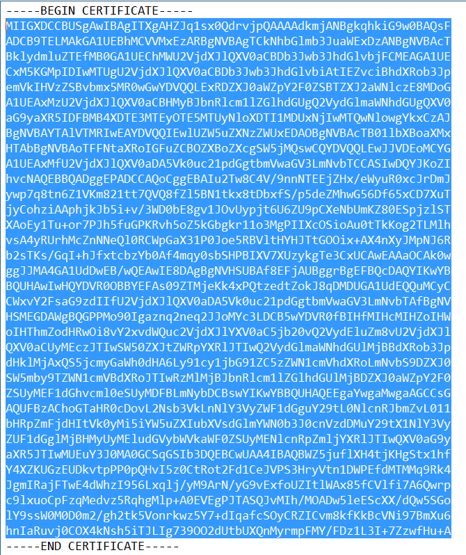 Certificate text file with the Base64 blob highlighted, excluding the BEGIN CERTIFICATE and END CERTIFICATE header and footer lines.