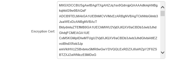 Encryption Cert field on the Post Authentication tab with the Base64 certificate blob pasted in, without header or footer lines.