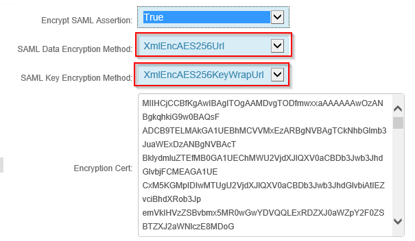 Post Authentication tab with SAML Data Encryption Method set to XmlEncAES256Url and SAML Key Encryption Method set to XmlEncAES256KeyWrapUrl.