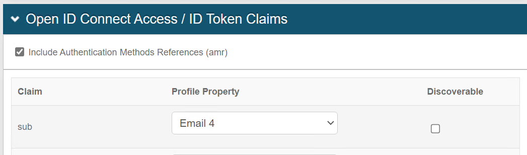The Open ID Connect Access / ID Token Claims section with the chosen Profile Property mapped to the sub claim.