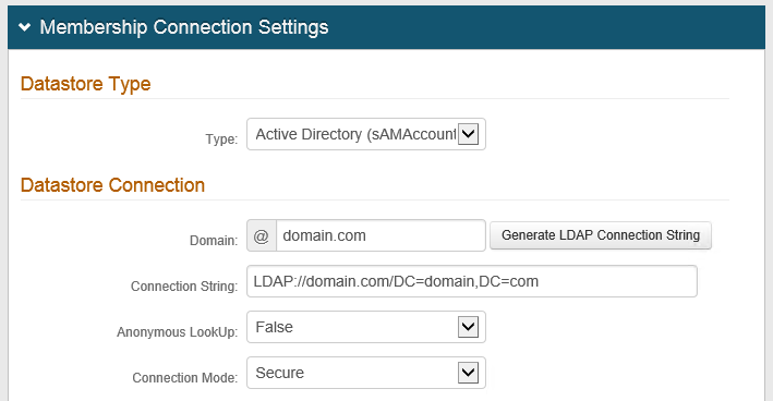 Data tab with Membership Connection Settings configured for Active Directory.