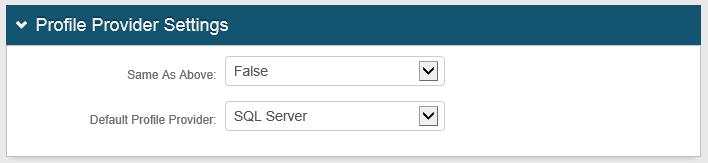 Profile Provider Settings with Same As Above set to False and Default Profile Provider set to SQL Server.