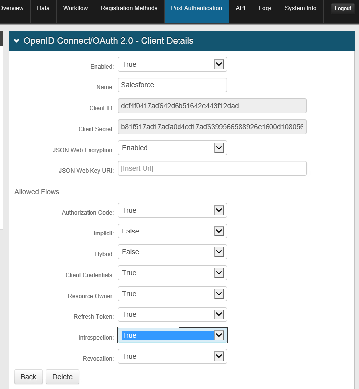 OpenID Connect/OAuth 2.0 client settings with Introspection set to TRUE.