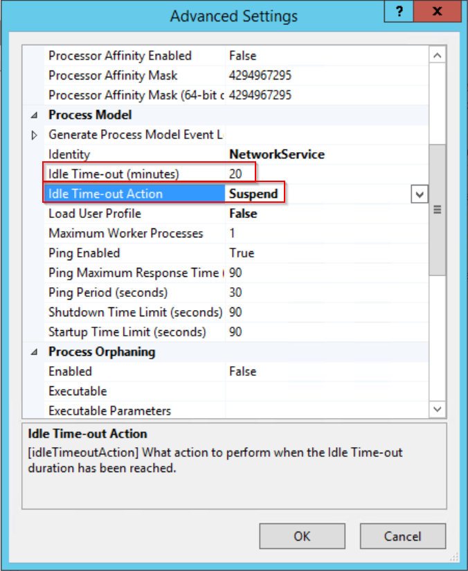 Advanced Settings dialog showing the Process Model section, with Idle Time-out (minutes) and Idle Time-out Action highlighted.