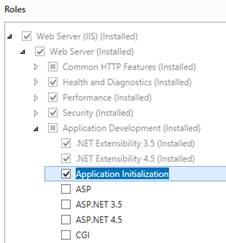 Add Roles and Features wizard with the Application Initialization feature selected under Web Server > Application Development.