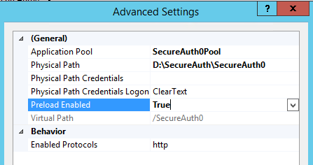 Advanced Settings dialog for a realm site with Preload Enabled set to True.
