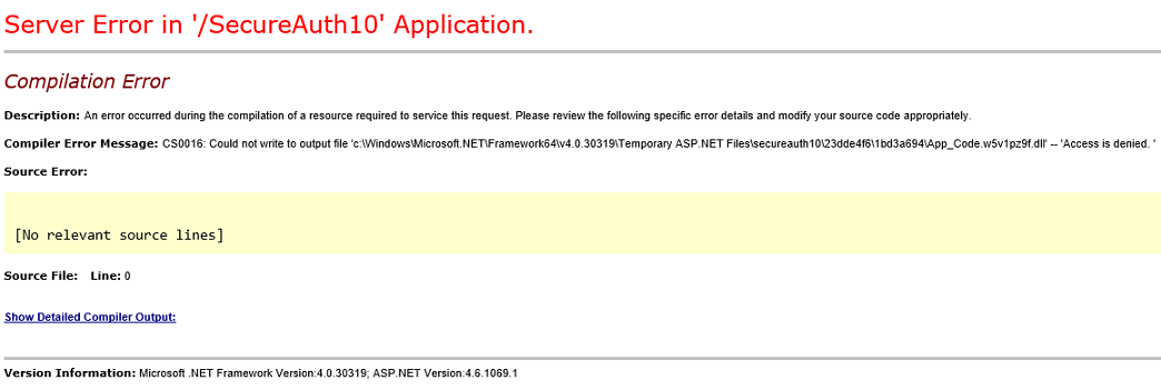 Compilation Error page shown when the Network Service account cannot write to C:\Windows\Temp.