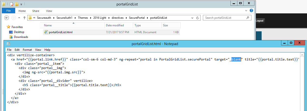 portalGridList.html file with target set to _self instead of _blank.