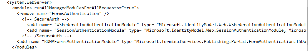 Web.config modules section with extra add name entries moved beneath the SecureAuth entry.