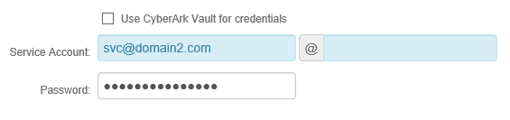 Data tab with the service account's User Principal Name entered in the first field and the second field left blank.