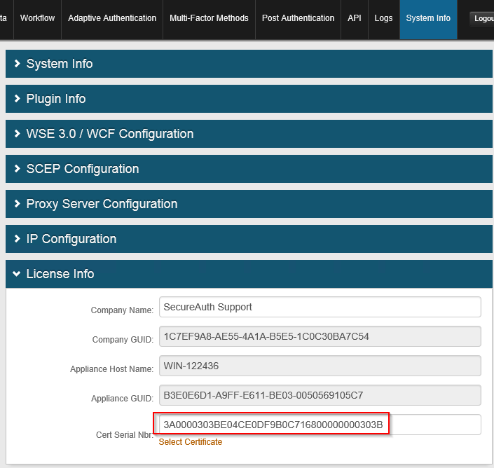 License Info section of the System Info tab, with the Cert Serial Nbr field highlighted.
