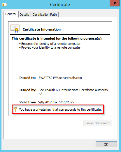Certificate details showing a private key is present for this certificate.