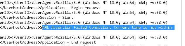 Audit log entry showing a SAML Assertion Failed error caused by clock skew between the IdP and SP servers.