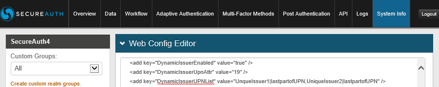 Web config editor showing the DynamicIssuerUPNList value set with two domain/issuer pairs, comma-separated.