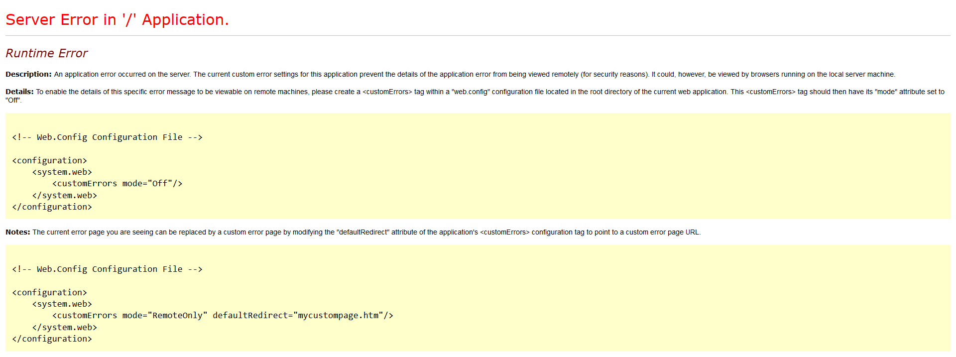 Example of a detailed server error page shown to the end user when Custom Errors is disabled.