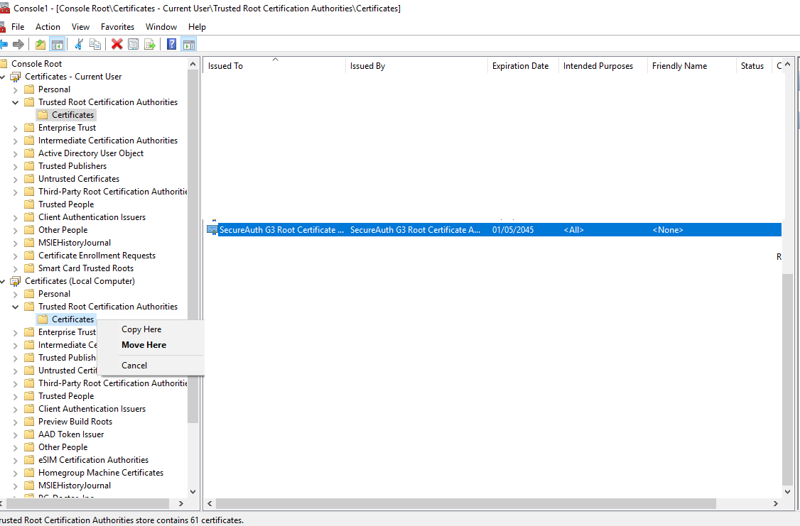 Microsoft Management Console showing the SecureAuth G3 Root Certificate Authority in the Current User Trusted Root Certification Authorities store, being copied to the Local Computer store.