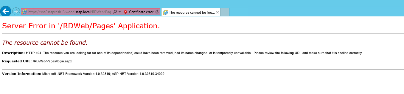 Server Error page stating the resource cannot be found, shown when accessing RD Web Access after integrating with SecureAuth.