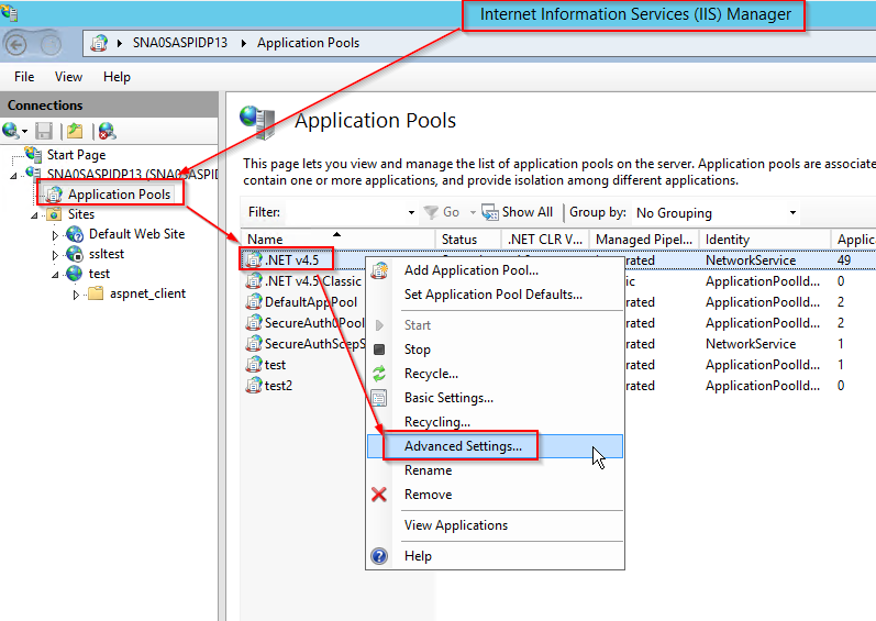 Application Pool right-click menu with Advanced Settings highlighted.