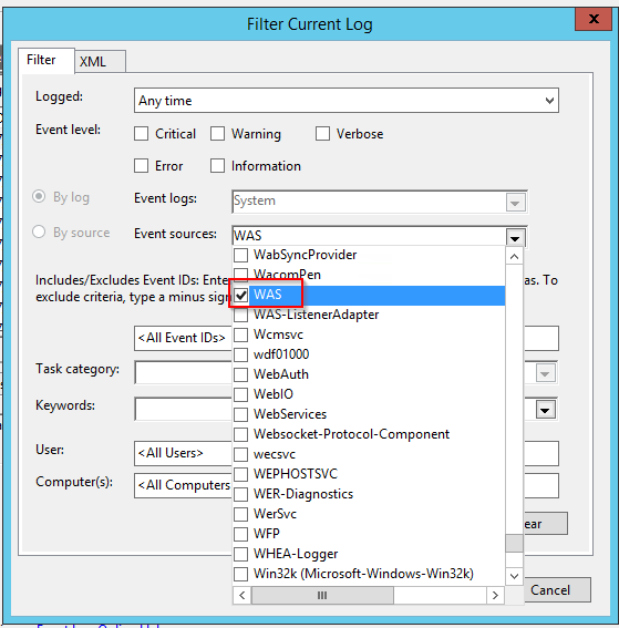 Event Viewer filter dialog with the event source set to WAS.