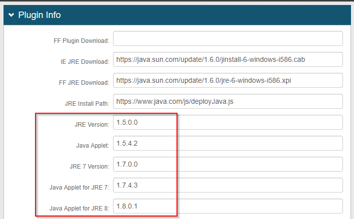 Plugin Info section of the System Info tab, listing several Java (JRE) version entries.