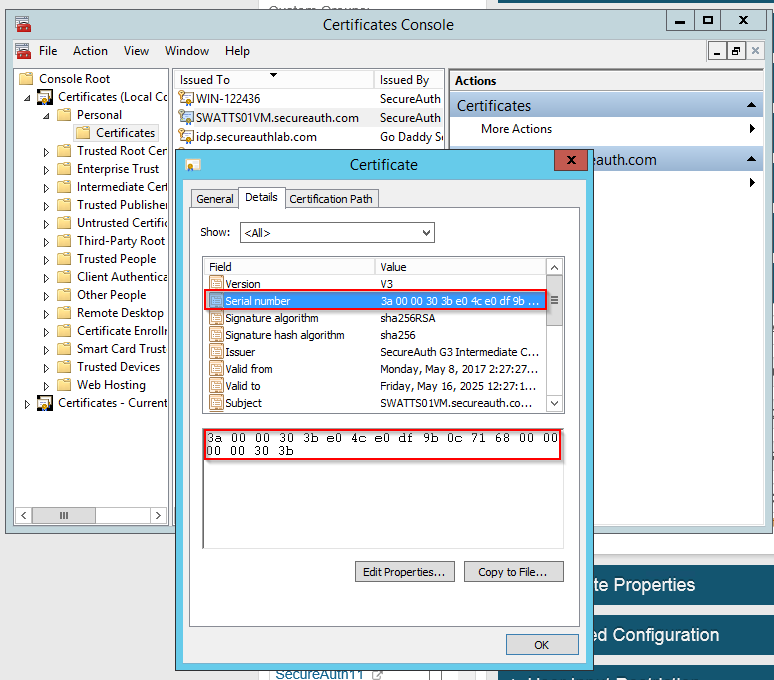Certificates console showing a certificate whose serial number matches the realm's Cert Serial Nbr.
