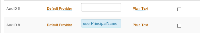 Data tab showing UPN mapped to the AUXID9 field for a federated domain's realm.