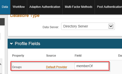 Data tab showing the Groups property mapped to the memberOf Active Directory attribute.
