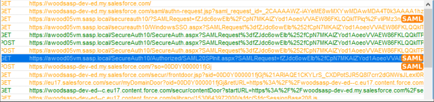 SAML trace showing the original query string containing the SAML request before the redirect from the begin site.