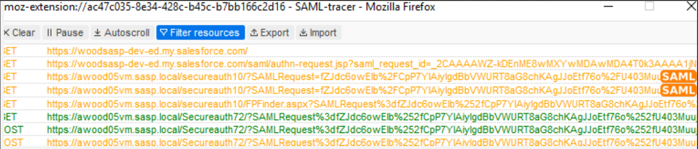 SAML trace showing the same query string re-encoded and altered after the redirect from the begin site.