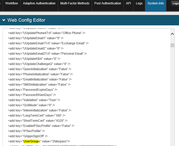 Web Config Editor on the System Info tab, showing the UserGroups key set to a group value, highlighted.