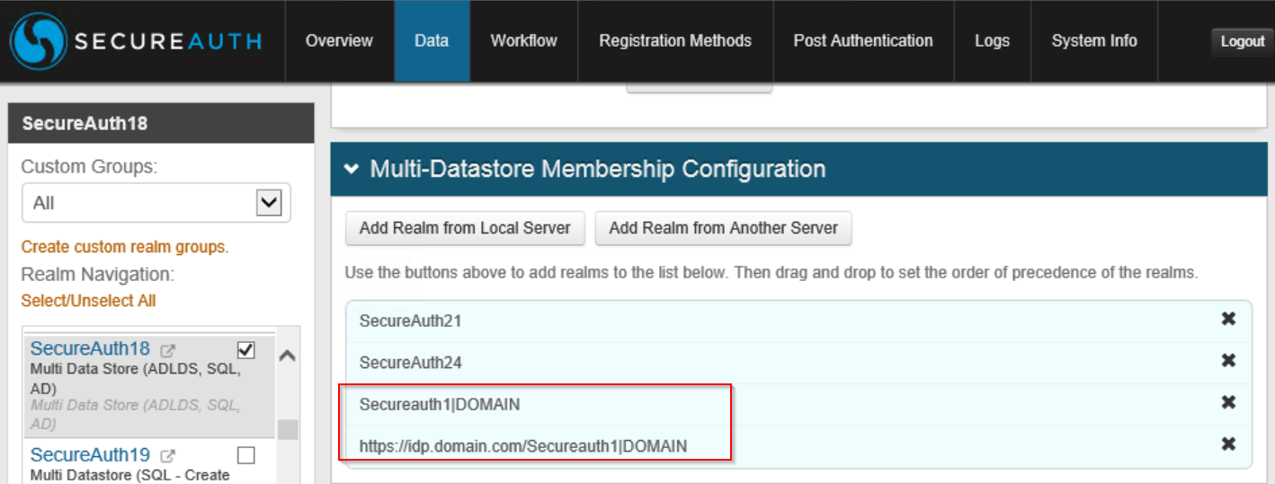 Multi-Datastore Membership Configuration section showing a realm added with a pipe-separated domain identifier.