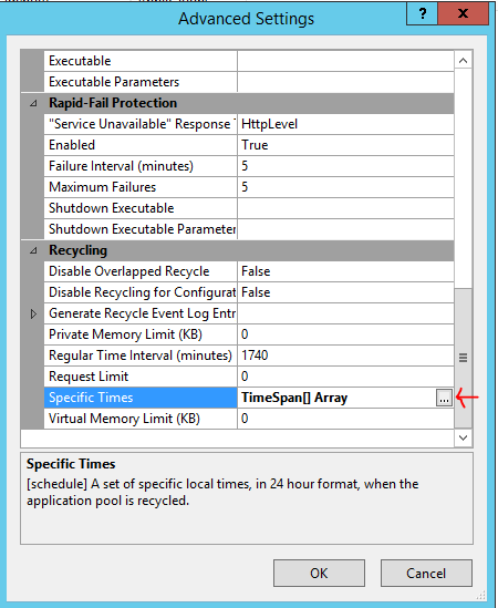 Advanced Settings dialog with the Specific Times recycle setting highlighted.