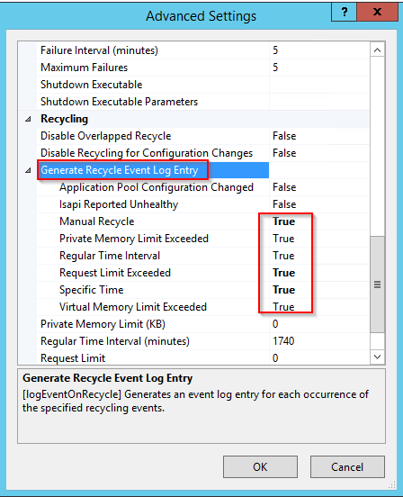 Advanced Settings dialog with the Generate Recycle Event Log Entry section expanded, showing child nodes set to True.