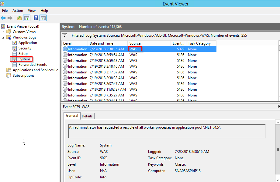 Event Viewer showing a filtered list of Application Pool recycle events with a WAS event source.