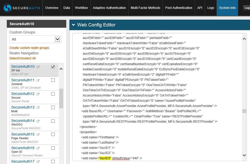 Web Config editor showing the Default value field for the Auxid3 attribute set to a fixed value, highlighted.