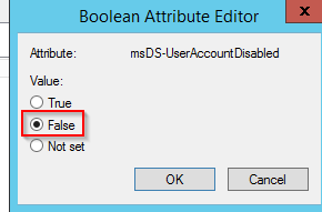 The Boolean Attribute Editor for msDS-UserAccountDisabled with the value set to False.