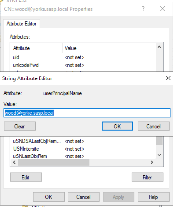 ADSI Edit's Attribute Editor for a user object, with the userPrincipalName value being edited to match the account's CN.
