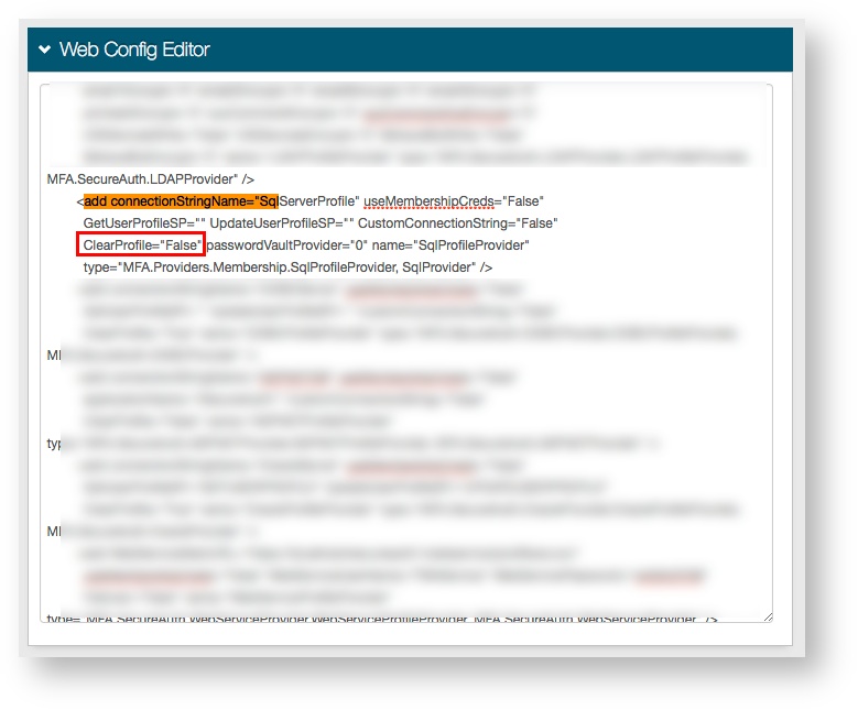 The Web Config Editor showing the SqlProfileProvider connection string entry, with its ClearProfile attribute highlighted.