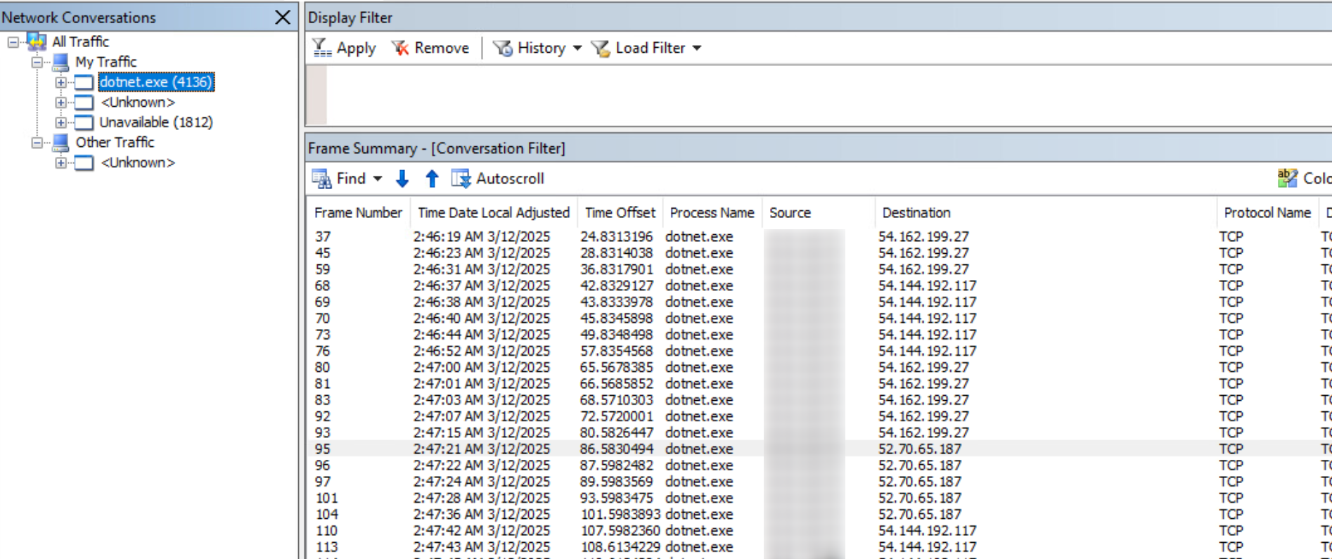 NetMon Network Conversations trace showing the dotnet.exe process making repeated outbound TCP connections to several external IP addresses over about 90 seconds.