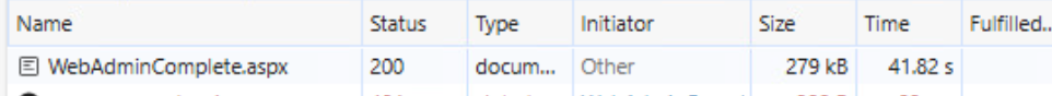 Browser network tab showing a request to WebAdminComplete.aspx with a 200 status and a Time of 41.82 seconds.