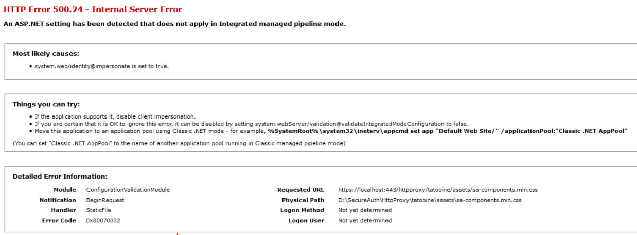 IIS detailed error page for HTTP Error 500.24, stating that an ASP.NET setting has been detected that does not apply in Integrated managed pipeline mode, with the most likely cause listed as system.web/identity@impersonate being set to true, when requesting sa-components.min.css via httpproxy/tatooine/assets.