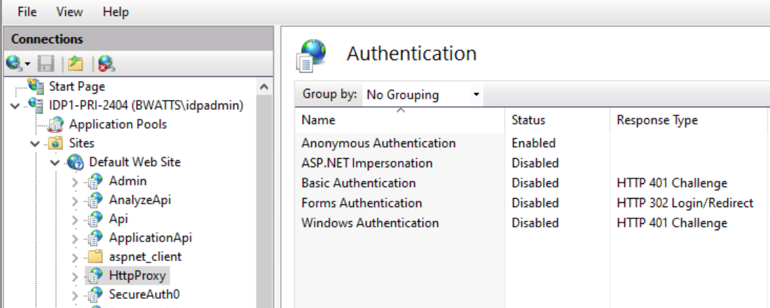 IIS Authentication settings for the HttpProxy application showing the same Anonymous Authentication Enabled configuration with the other methods Disabled